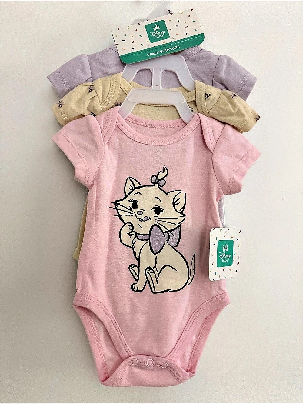 Disney Baby Aristocats Marie 3-Pack Bodysuits Pink & Purple Brand New Sz 0-3 M